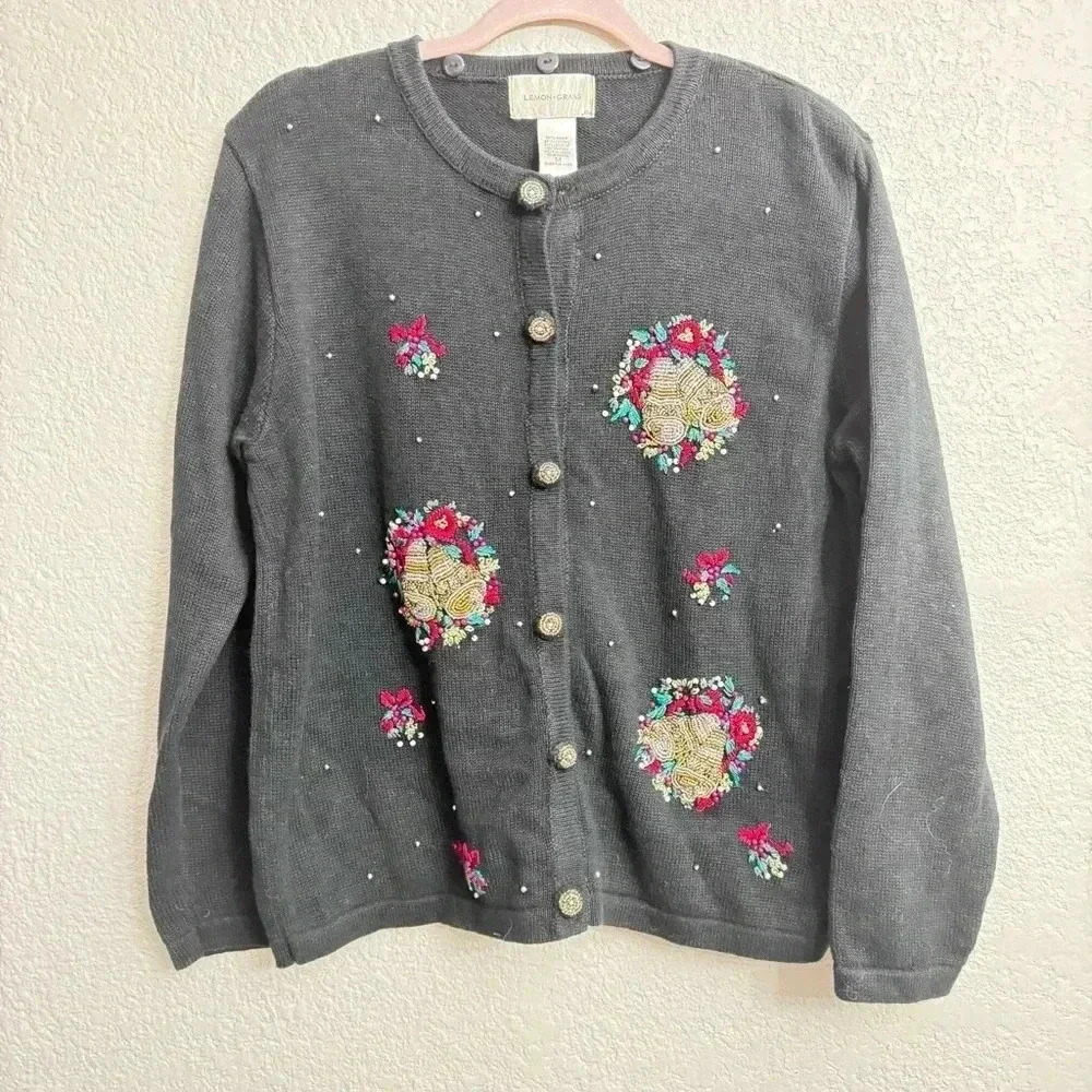 Vintage Lemon Grass Black Beaded Embroidered Holiday Cardigan Wreath - Size M